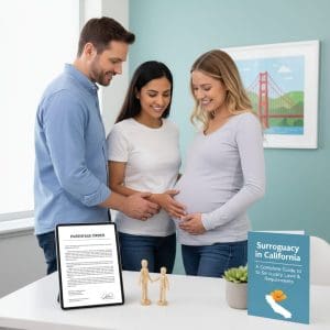 Three people in an office smile together, showing teamwork and support with Babytree Surrogacy resources on the table.