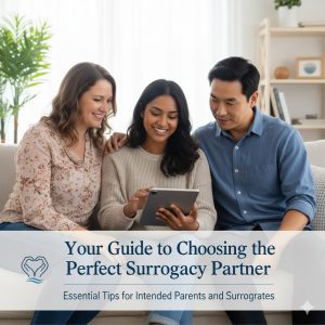 Surrogate and intended parents discussing surrogacy agreement with agency counselor