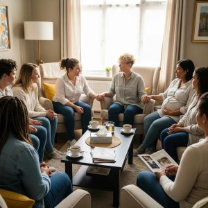 Women gather in a warm setting, showing support and care at a Babytree Surrogacy group meeting. babytree