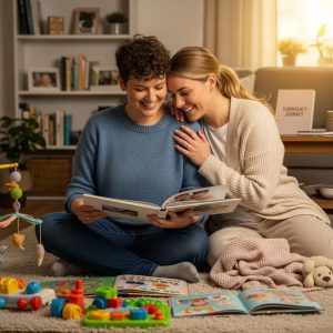 Two happy women look at a photo album and share memories, showing the closeness supported by Babytree Surrogacy. babytree