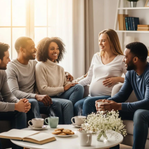 Friends, including a pregnant woman, happily talk about US surrogacy options with Babytree Surrogacy in a friendly setting. babytree