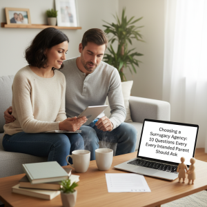 A couple learns about Babytree Surrogacy, reading questions to help choose the right agency and plan for growing their family. babytree