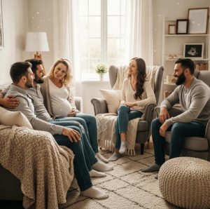 A group of adults share smiles and support, talking about surrogacy and using the Babytree Surrogacy Guide to help their journey. babytree