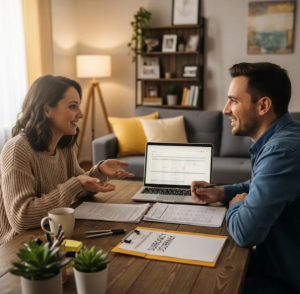 Two people discuss Babytree Surrogacy costs and which expenses might be tax-deductible, looking over a budget summary together. babytree
