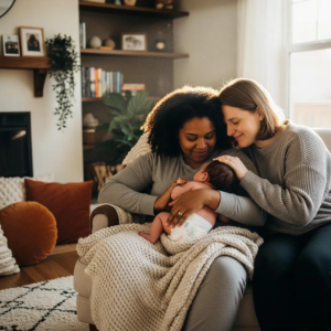 A happy Babytree Surrogacy family shows two women lovingly holding their baby, sharing a warm, caring moment together at home. babytree
