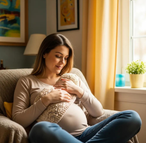 A happy pregnant woman sits and smiles, thinking about her future baby with support from Babytree Surrogacy. babytree
