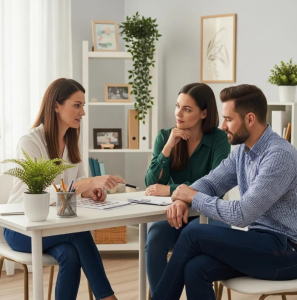 A Babytree Surrogacy specialist explains PGT in surrogacy to an interested couple in a supportive, welcoming office setting. babytree