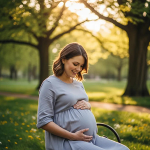 A happy pregnant woman sits calmly, embracing motherhood and surrogacy, supported by Babytree Surrogacy's caring approach. babytree