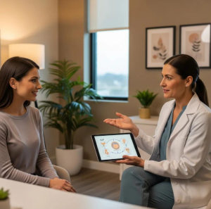 A Babytree Surrogacy doctor explains IVF using a tablet to a hopeful woman, showing support and clear information in the office. babytree