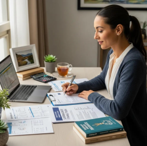 A woman works at a tidy desk, focused on paperwork. The scene matches Babytree Surrogacy’s commitment to organized, caring support. babytree