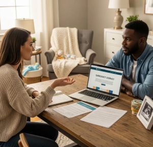 A couple talks about surrogacy costs using Babytree Surrogacy on their laptop, planning for a baby in a comfortable home setting. babytree