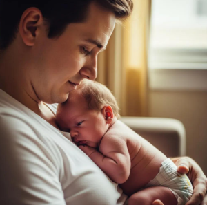 A caring father holds his newborn close, showing love and happiness, capturing a touching moment from Babytree Surrogacy. babytree