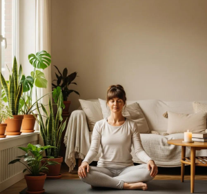 A woman relaxes and focuses before embryo transfer with Babytree Surrogacy, showing calm and hope in a peaceful home setting. babytree