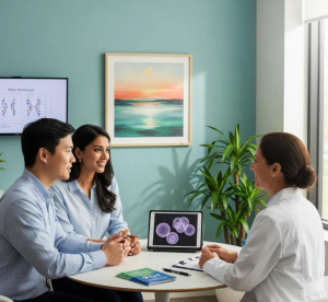 A couple meets with a doctor at Babytree Surrogacy to discuss embryo testing and PGT choices, viewing images on a tablet. babytree