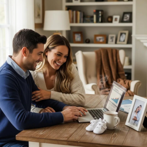 A happy couple plans for their family using Babytree Surrogacy, surrounded by clear signs they're expecting a baby. babytree