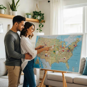 A couple with Babytree Surrogacy reviews a U.S. surrogacy map together, showing their choices and support for each other. babytree