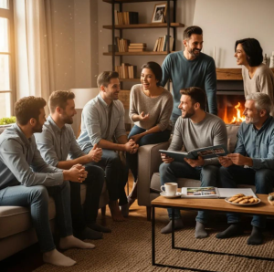 Eight adults talk and smile together in a friendly room, sharing experiences about surrogacy with Babytree Surrogacy. babytree