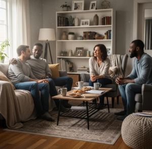 Four adults enjoy a friendly conversation in a warm, welcoming Babytree Surrogacy living room, sharing snacks and smiles. babytree