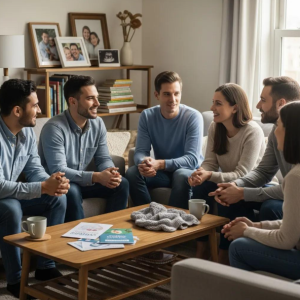 Six adults talk together about gestational surrogacy using a Babytree Surrogacy guide, learning and sharing ideas as a group. babytree