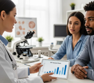 A Babytree Surrogacy doctor explains IVF success rates to a man and woman, helping them understand their treatment options. babytree