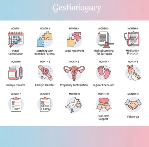 A Babytree Surrogacy chart shows the year-long steps from first meeting through matching, pregnancy, birth, and after-birth support. babytree