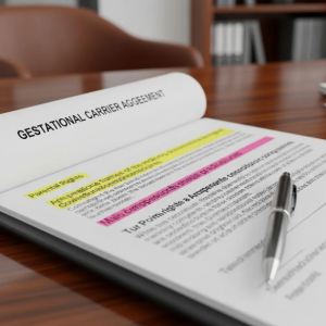 A Babytree Surrogacy contract, ready to sign, shows key parts highlighted and signals a safe, organized setting for agreement. babytree