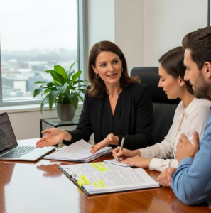 A Babytree Surrogacy expert explains the surrogacy process to intended parents as they listen and take notes in a bright meeting room. babytree