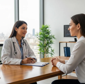 A Babytree Surrogacy doctor explains the surrogacy process to a patient in a welcoming and comfortable office setting. babytree
