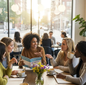 Four women happily talk at a café table. One shows the others info about bone marrow donation from Babytree Surrogacy. babytree