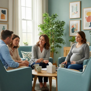 Babytree Surrogacy group talks together in a friendly, welcoming setting, sharing ideas and offering support to each other. babytree