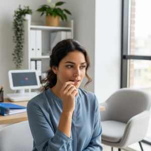 A woman in a modern office looks thoughtful, representing how Babytree Surrogacy supports questions about genetics and surrogacy. babytree