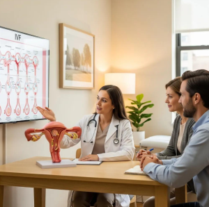 A Babytree Surrogacy doctor explains IVF with donor eggs to intended parents, who listen closely and take notes during the meeting. babytree
