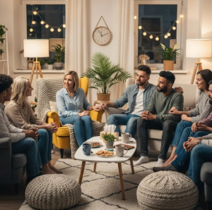 Seven adults chat together in a warm, friendly Babytree Surrogacy meeting, creating a relaxed and welcoming group atmosphere. babytree