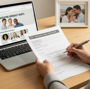 Someone applies for a Babytree Surrogacy grant, learning about grants online and inspired by a happy family photo nearby. babytree