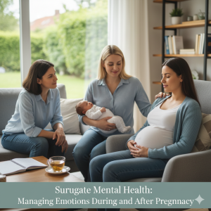 Three women, shown supporting each other, talk about surrogate mental health and emotions during pregnancy for Babytree Surrogacy. babytree