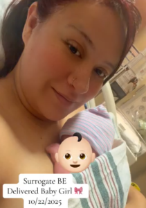 A happy woman holds a newborn, celebrating Babytree Surrogacy and the delivery of a baby girl in California, 10/22/2025. babytree