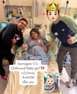 A woman celebrates a successful Babytree Surrogacy birth in California on 11/7/2025 with happy supporters and baby’s photo. babytree