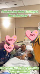 A woman celebrating the birth of a baby with loved ones; Babytree Surrogacy helps families grow and welcomes a healthy newborn. babytree