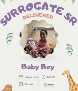 A happy woman celebrates the birth of a baby boy through surrogacy, with Babytree Surrogacy shown as part of the joyful moment. babytree