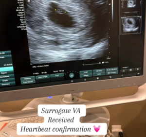 Babytree Surrogacy shares that Surrogate VA’s ultrasound confirms a healthy heartbeat, shown by a heart emoji on screen. babytree