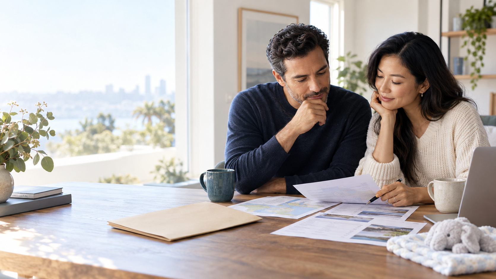 International intended parents review travel documents together before a U.S. surrogacy journey