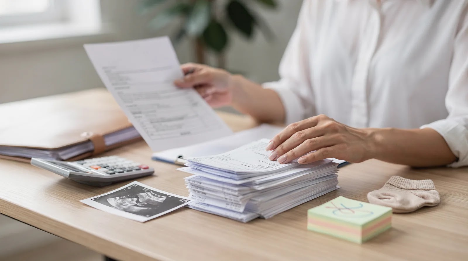 Reviewing paperwork and a calculator for family-building expenses
