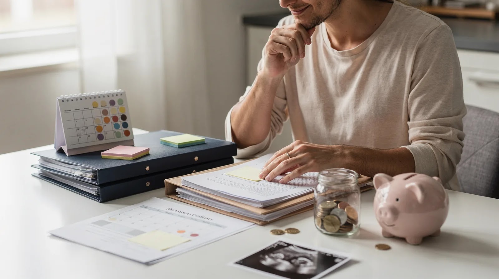 Person reviewing a calendar and family-building budget documents