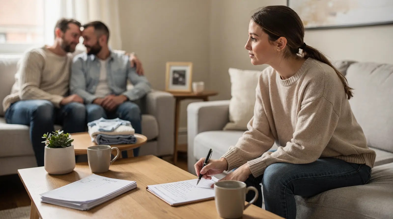 A woman considers questions during a meeting