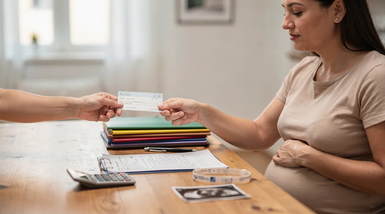 A woman organizes documents for a payment status request