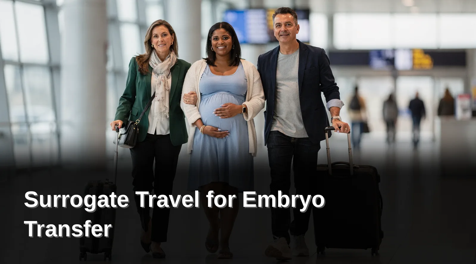A woman and companions prepare for a surrogacy-related trip