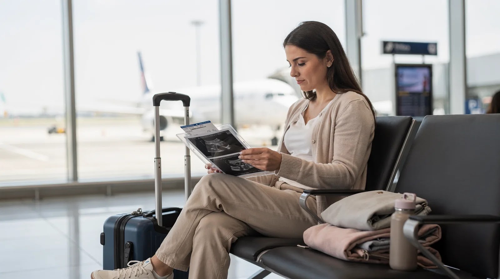 A woman reviews travel information in an airport