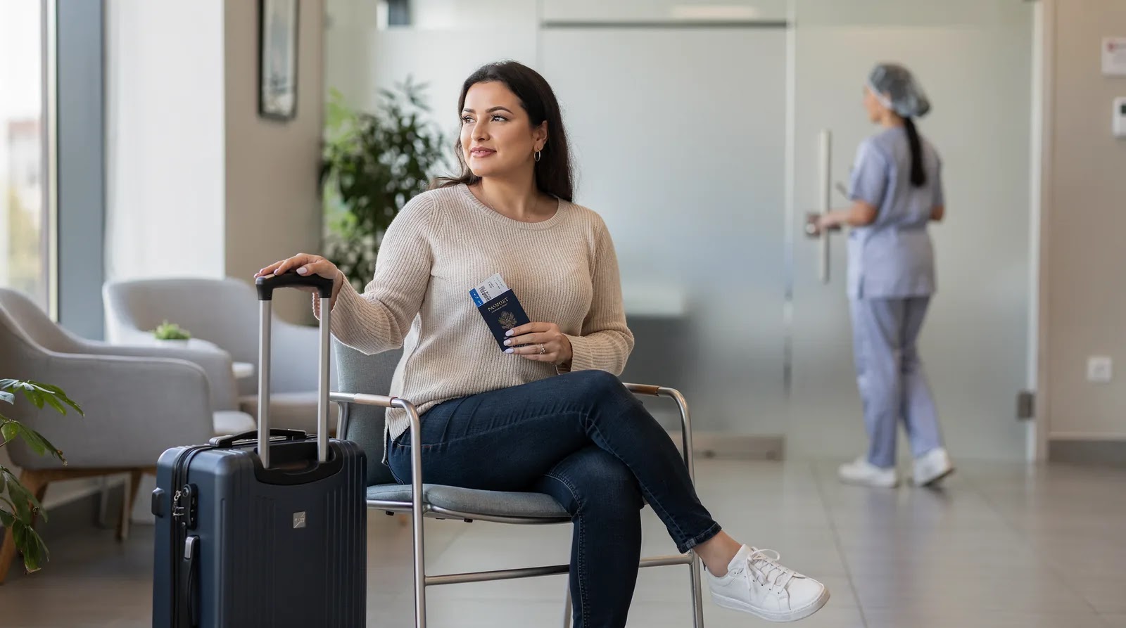 A woman waits during a medical visit