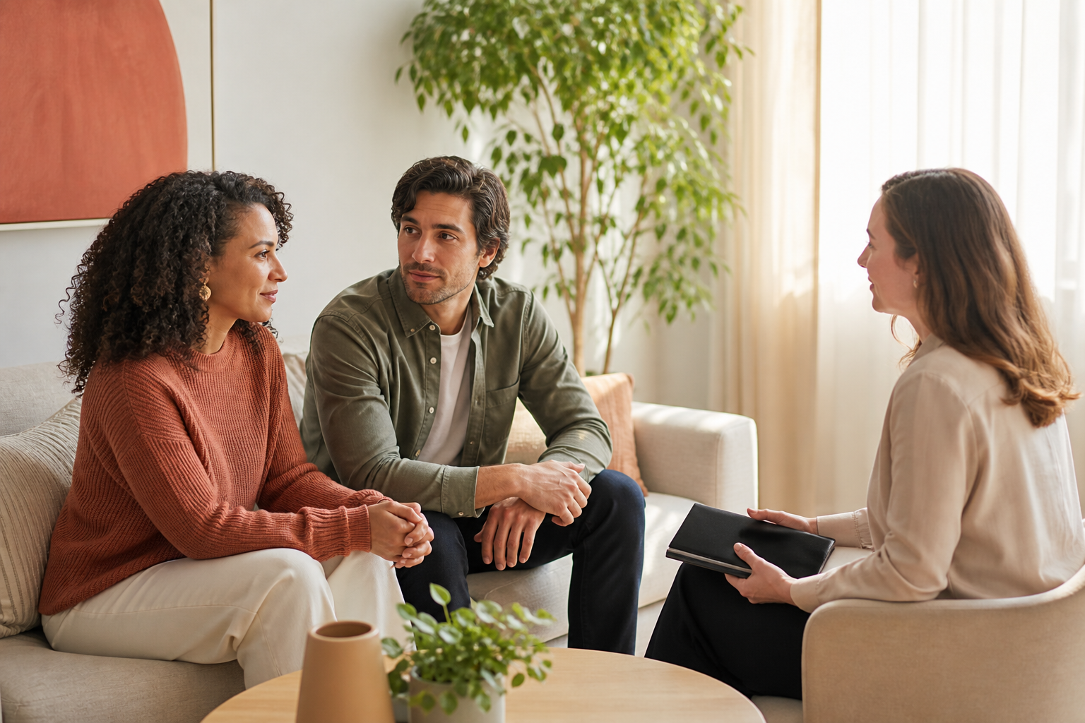 Intended parents speaking with a coordinator about embryo donation matching