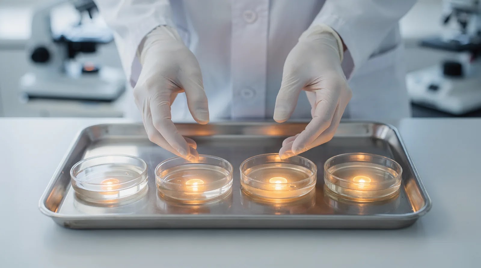 Fertility specialist examines eggs during an IVF laboratory process